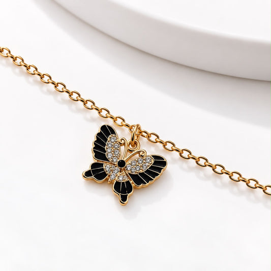 Black Butterfly Charm Gold Anklet with Crystal Details