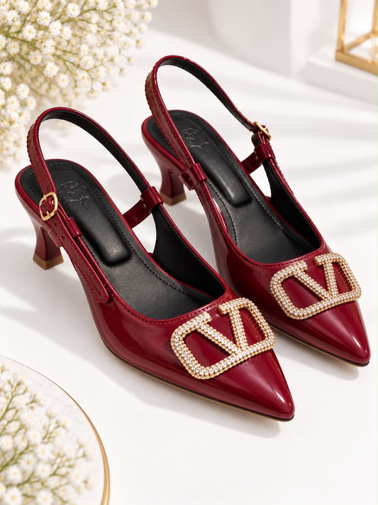 Women’s Burgundy Patent Slingback Heels with Rhinestone Buckle