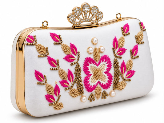 White & Pink Floral Beaded Clutch Bag – Gold Embroidered Evening Purse with Pearl Details