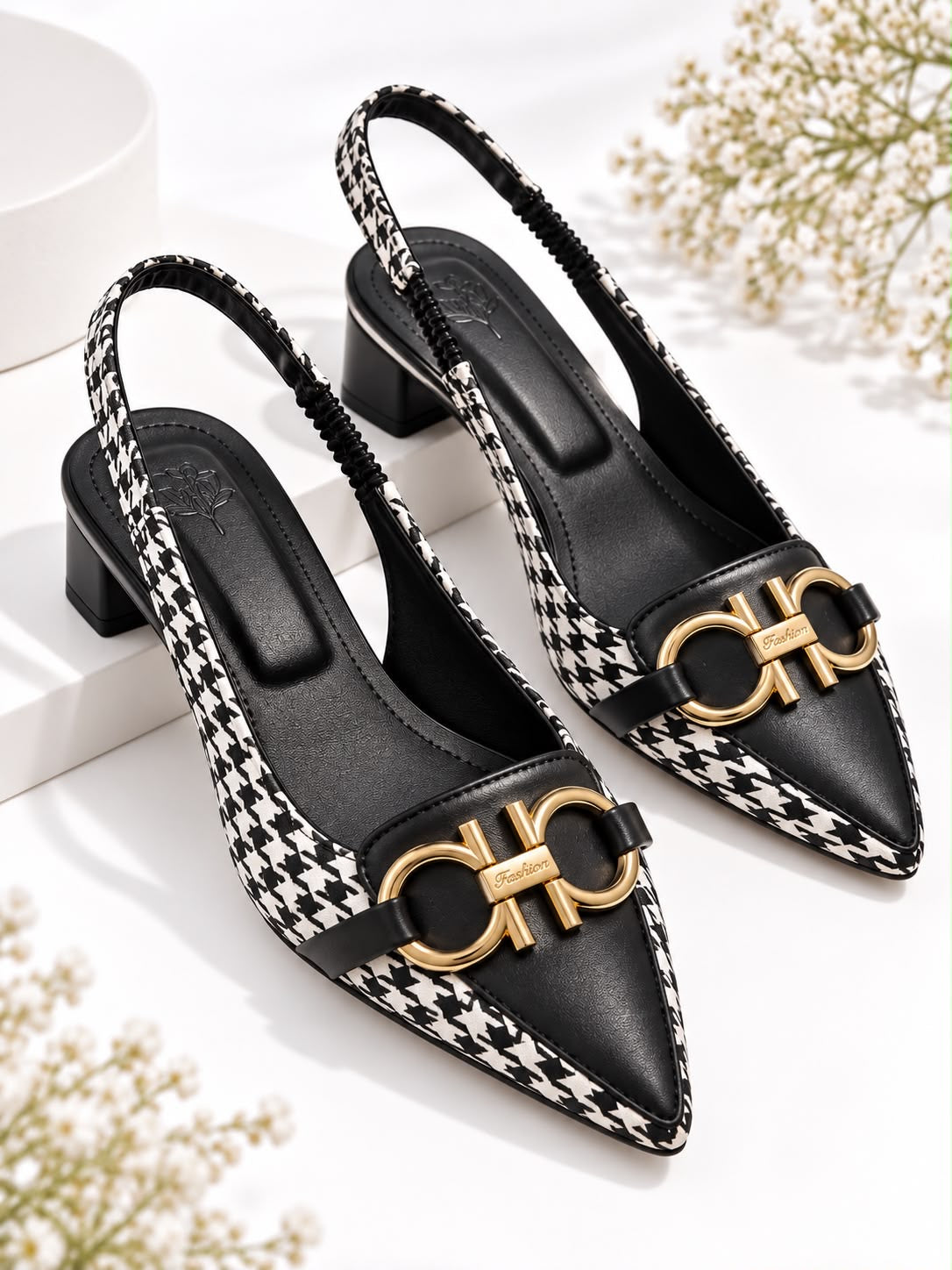 Women’s Black & White Houndstooth Slingback Heels with Gold Buckle