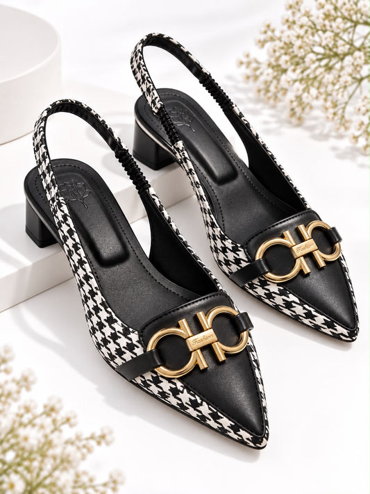 Women’s Black & White Houndstooth Slingback Heels with Gold Buckle