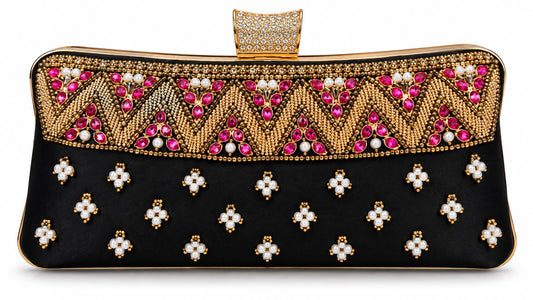 Luxury Black Beaded Clutch Bag – Gold & Ruby Crystal Pearl Evening Purse