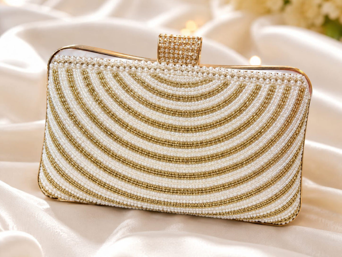 Elegant Pearl & Gold Beaded Evening Clutch Bag for Women