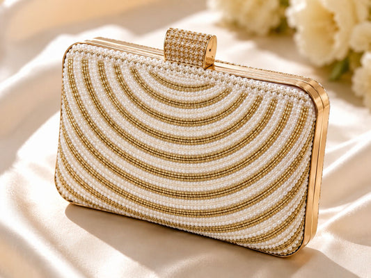 Elegant Pearl & Gold Beaded Evening Clutch Bag for Women