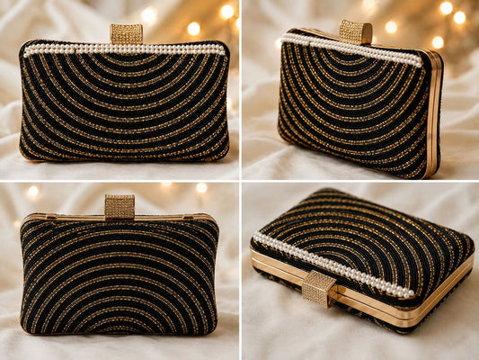 Black & Gold Beaded Pearl Evening Clutch