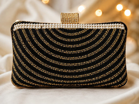 Black & Gold Beaded Pearl Evening Clutch