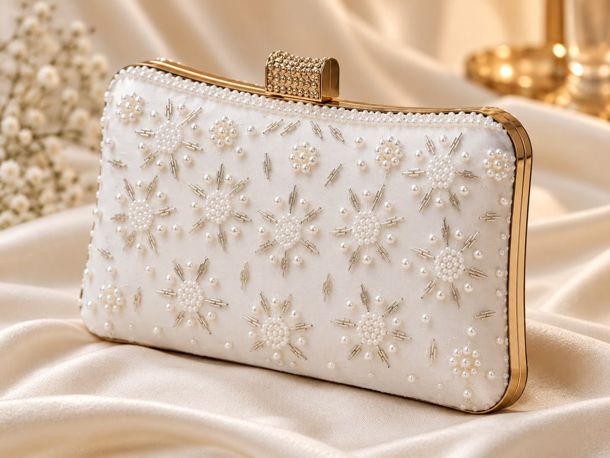 Pearl & Beaded Embroidered Clutch Bag | Elegant White Evening & Wedding Handbag