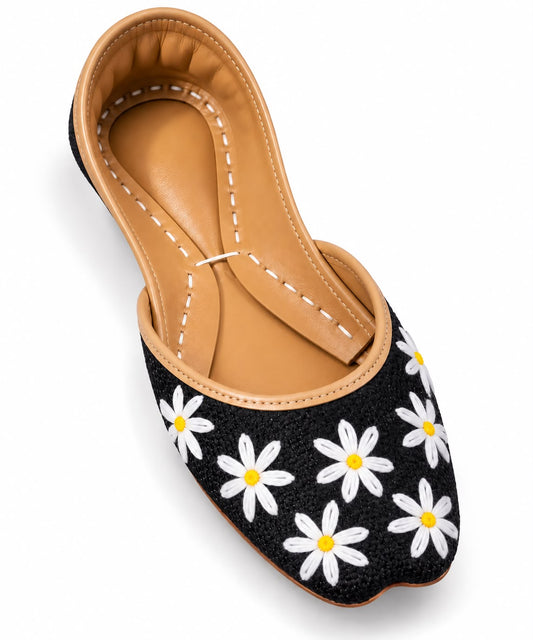 Black Daisy Embroidered Flat