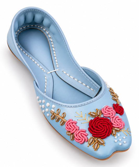 Blue Floral Embroidered Flat