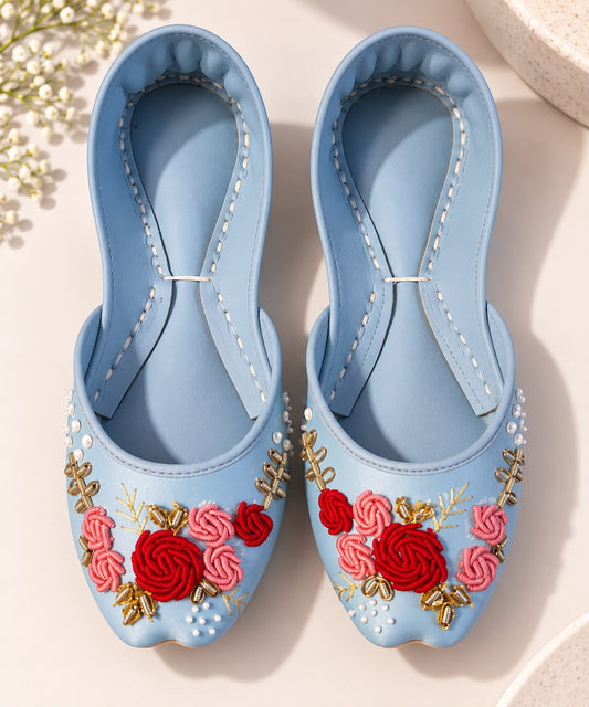 Blue Floral Embroidered Flat