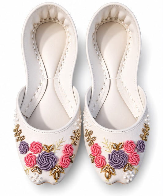 White Floral Embroidered Flat