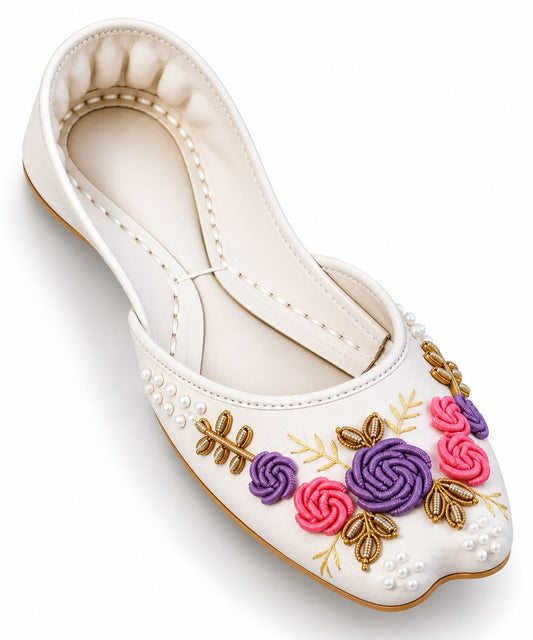 White Floral Embroidered Flat