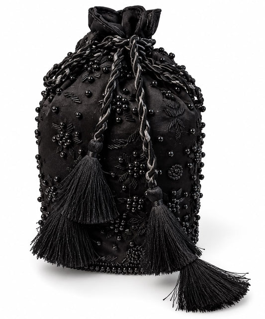 Black Beaded Tassel Pouch