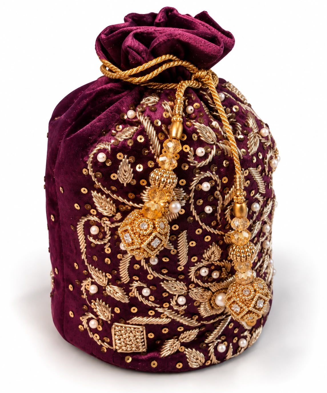 Burgundy Velvet Embroidered Potli Bag