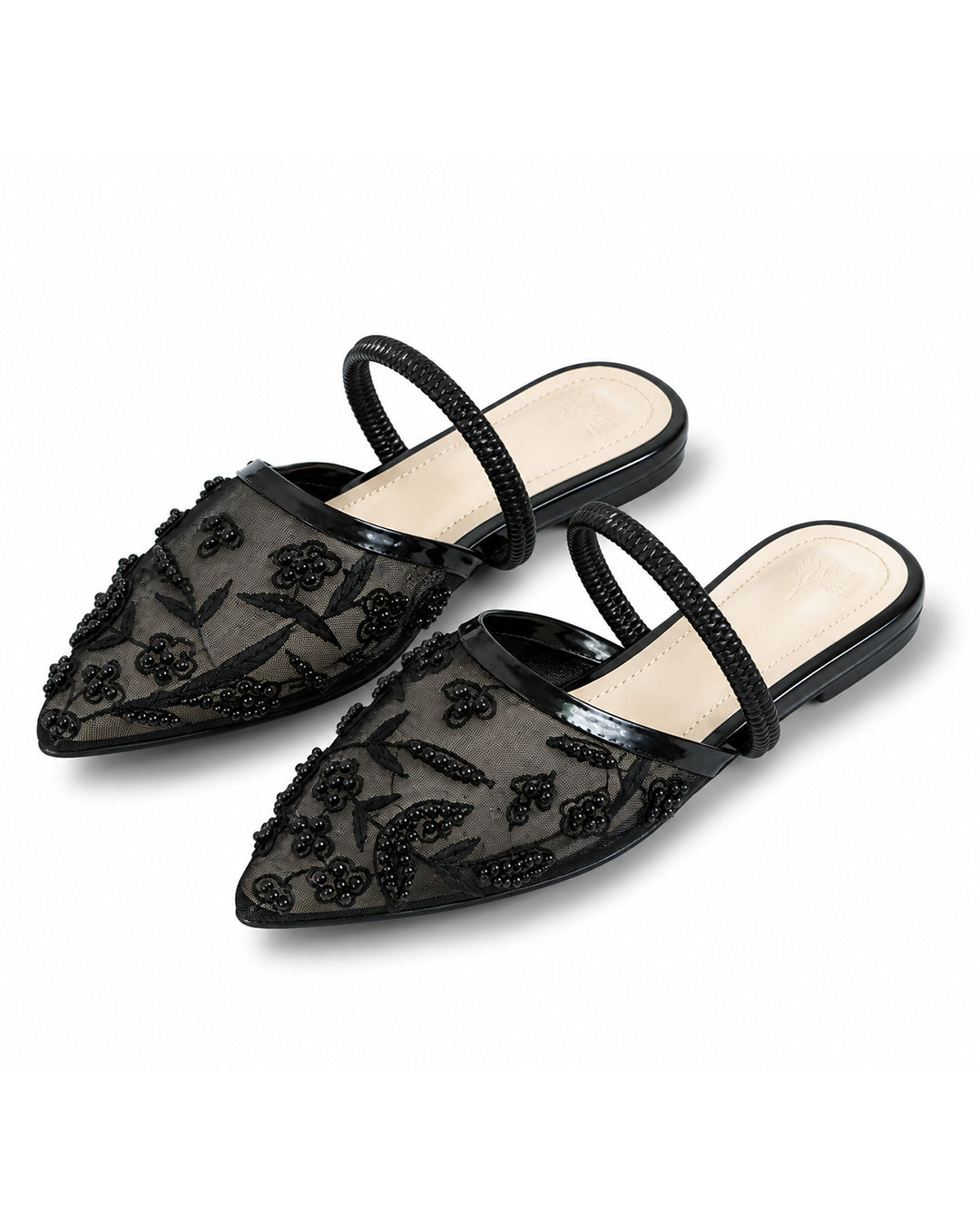 Black Floral Mesh Braided Strap Sandals