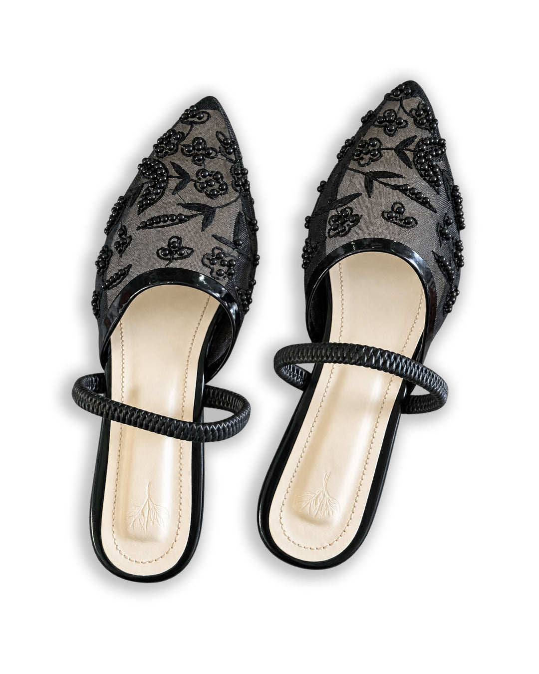 Black Floral Mesh Braided Strap Sandals